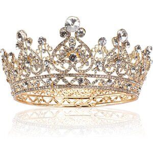 Women's Gold Full Round Diamond Crystal Bridal Wedding Crowns Tiaras Headband